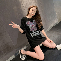 Black T-shirt womens short sleeve loose Korean version 2020 Summer new large version medium and long hot diamond body shirt top
