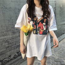 White short sleeve T-shirt female loose foreign style Han fan 2021 New Vintage Hong Kong style long round neck shirt