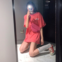 Short sleeve t-shirt women loose foreign style Han fan 2021 new hipster long round neck Big version cotton T-shirt women