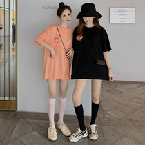 Short sleeve T-shirt female loose foreign style Korean version 2021 new hipster long round neck cotton large version of the women