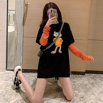 Fake two T-shirt women wear loose spring and autumn 2021 new lower body missing students Foreign style cotton bottoming body shirt