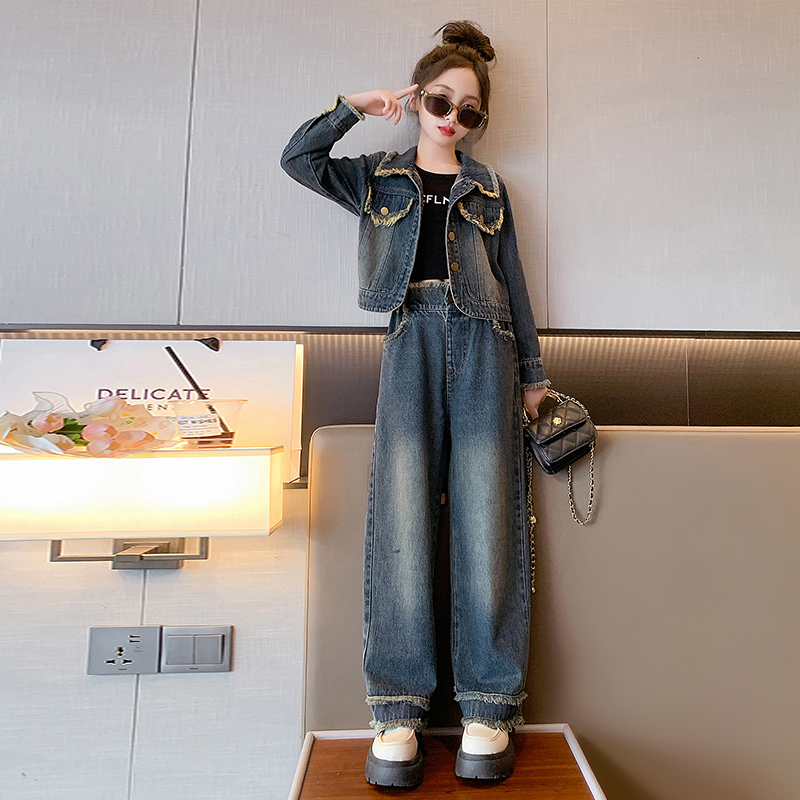 Girl suit Spring and autumn style 2023 new female large children's autumn children's clothing online red ocean gas denim jacket children's autumn clothes-Taobao