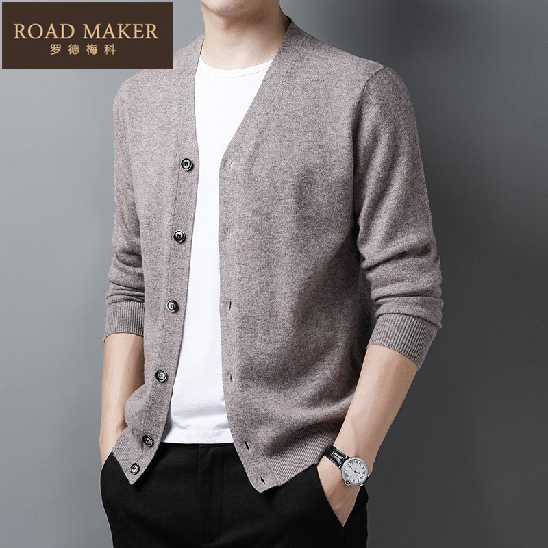 ROADMAKER2021 autumn winter V collar button cardiovert cardiovert pure color long sleeve thickened mid-sweater fashion men's clothing