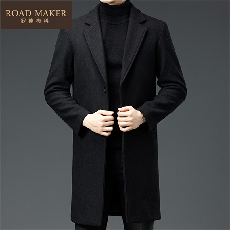 Roadmaker Autumn Winter Coat Male Cover Male with a thick knee-thickened windwear Middle-aged Daddy Wool Cover