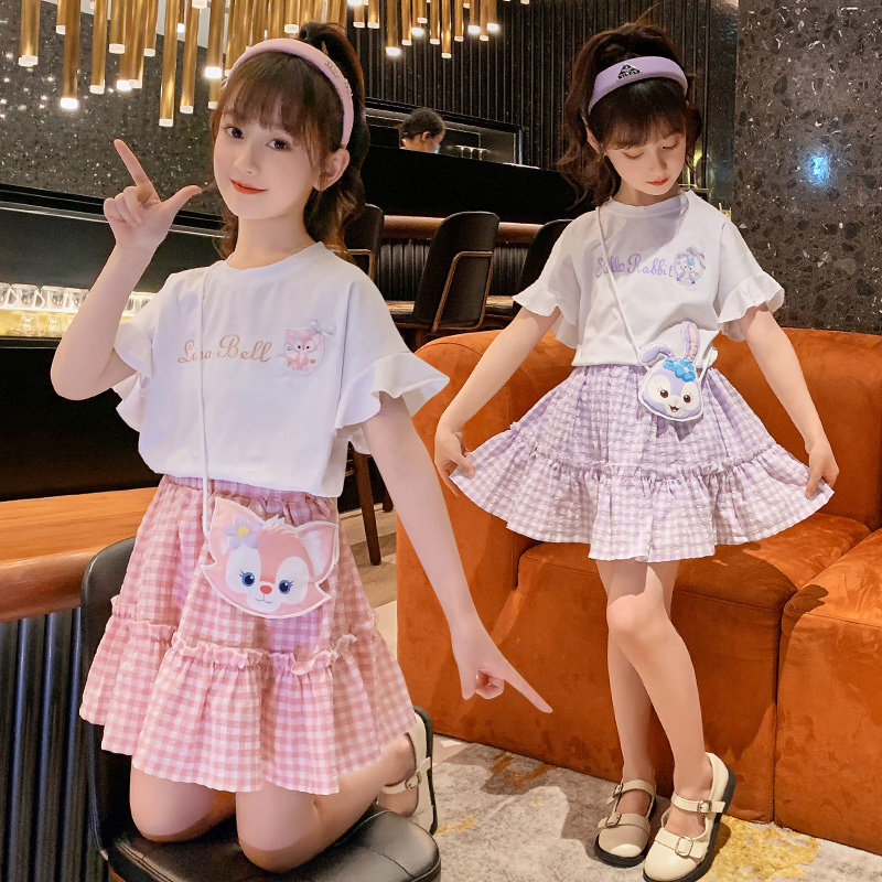 Girls jk suit summer fashion children's summer dress net red skirt female middle school big boy foreign style fashionable two-piece cotton silk