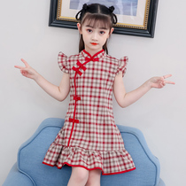 Girls qipao Summer 2022 new Chinese wind womens big childrens clothes with long pure cotton linen gas grid Ming Guofeng