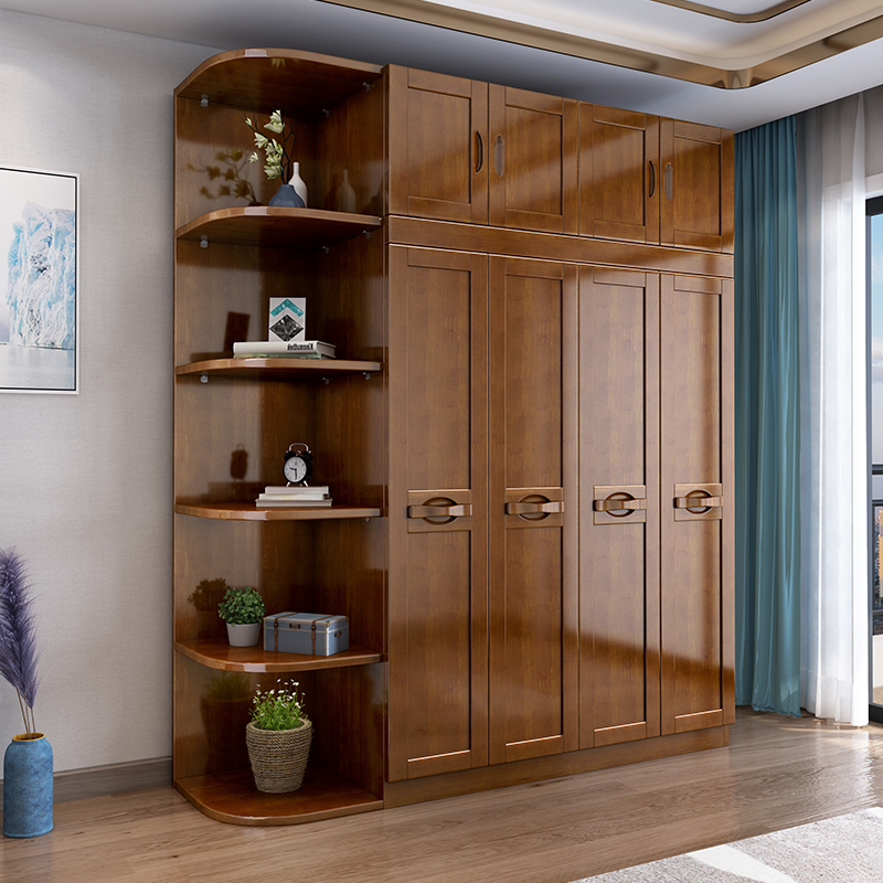 New Chinese solid wooden wardrobe modern simple four doors six doors wooden wardrobe cabinet corner economy furniture
