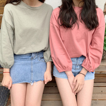 Spring and autumn new solid color nine-point sleeve chic Hong Kong style long-sleeved t-shirt womens Korean loose student ulzzang tide wear