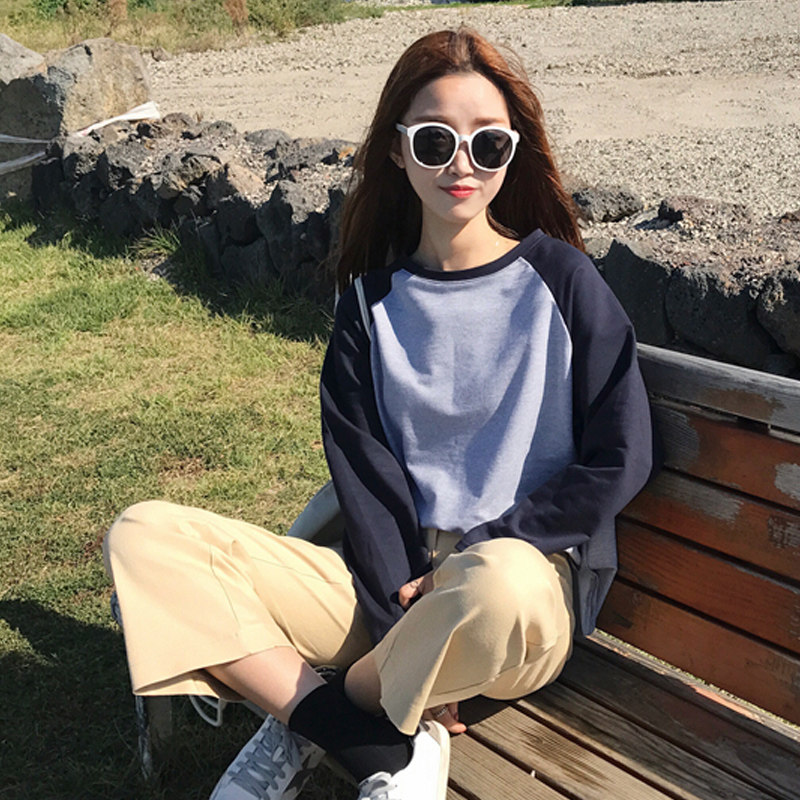 Large size spring European goods small shirt Foreign air ins Korean version of contrast color raglan sleeve base shirt loose long-sleeved women T-shirt