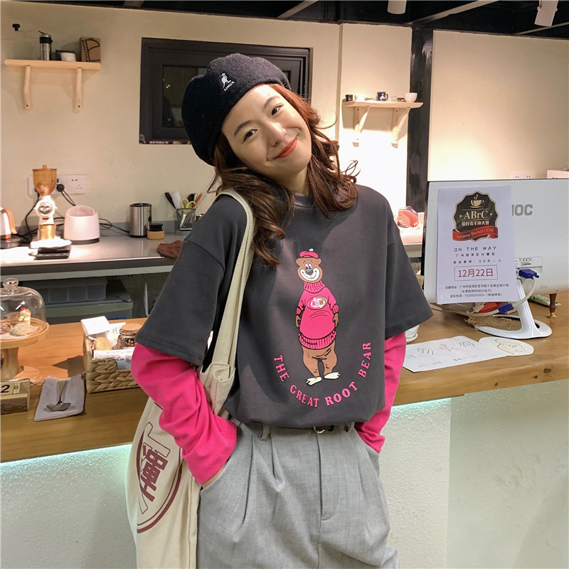 Early spring 2021 new Korean version fashion foreign style loose Hong Kong style fake two long-sleeved women t-shirt tops