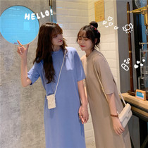 Large size fairy skirt pure cotton 2021 new short-sleeved summer Korean knee-length dress round neck solid color mid-length summer