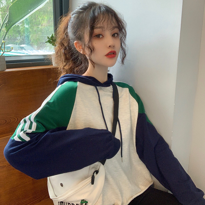2021 spring and autumn new item female students thin sweater mix color crew neck short hooded cardigan zipper leisure sports coat