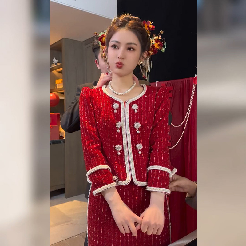New Chinese-Style National Style Red Robe, Toast Dress, Chanel-Style Top and Skirt Set for Women, 2024 Early Spring New Model New Chinese-Style National Style Red Robe, Toast Dress, Chanel-Style Top and Skirt Set for Women, 2024 Early Spring New Model