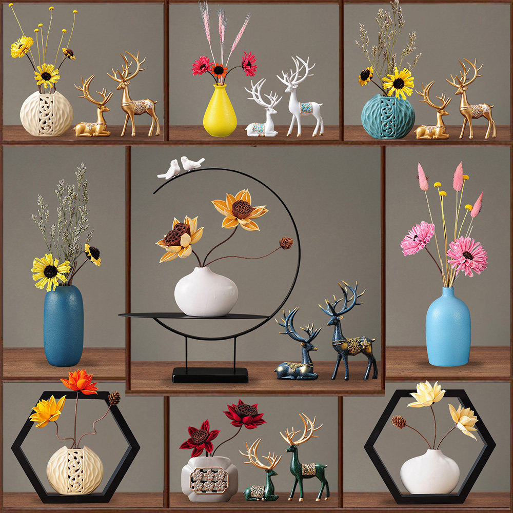 Chinese deer ornaments, home decorations, living room, entrance, wine cabinet, ceramic crafts, vase, drying flower, TV cabinet, gifts