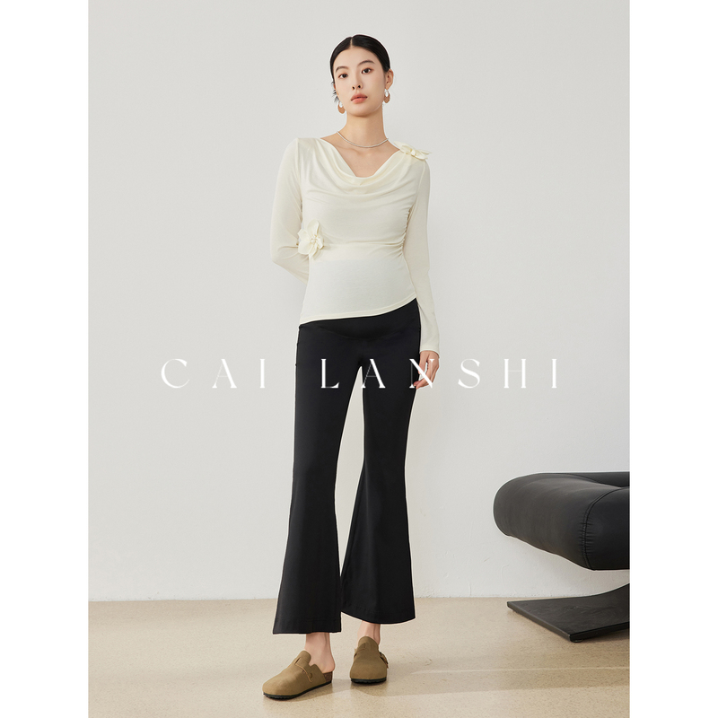 Cai Lanshi Maternity Wear 2026 Spring and Autumn New Casual Knitted Top Set with Shark Flared Pants That Don'T Slip down