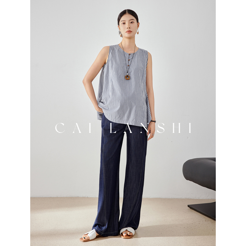 Cai Lanshi Maternity Wear Summer New Loose Striped Sleeveless Top with Drapey Denim Wide-Leg Pants Two-Piece Set for Pregnant Women Cai Lanshi Maternity Wear Summer New Loose Striped Sleeveless Top with Drapey Denim Wide-Leg Pants Two-Piece Set for Pregnant Women
