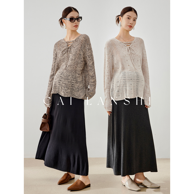 Cai Lanshi Maternity Wear Autumn New Hollow Knit Top Belly Support Maternity Skirt Two-Piece Set for Pregnant Women