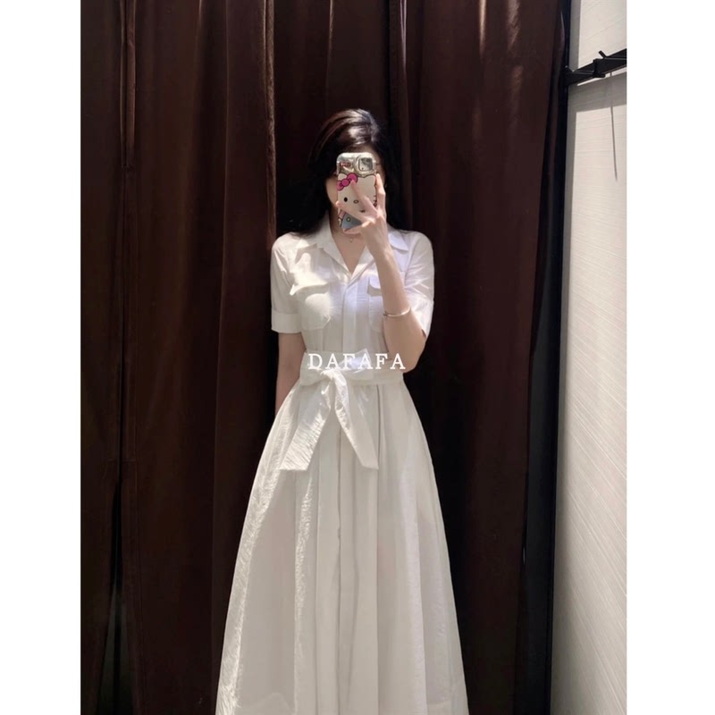 Super Pretty White Collared Waist-Cinching Short-Sleeved Shirt Dress, Summer Korean Style Slimming Slit Long Dress 2640325