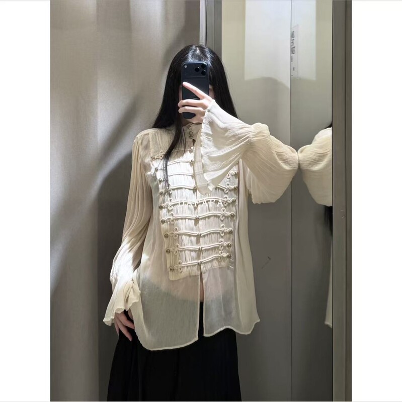 Gentle Style Napoleon White Rope Buckle Long-Sleeved Shirt for Women, Stylish and Thin Shirt Top 5107246 Gentle Style Napoleon White Rope Buckle Long-Sleeved Shirt for Women, Stylish and Thin Shirt Top 5107246