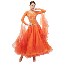 Spring Autumn New National Standard Dance Dress dress Morden Dance Ballroom Dancing long dress Performance competition Costume Orange Red Practice Costume