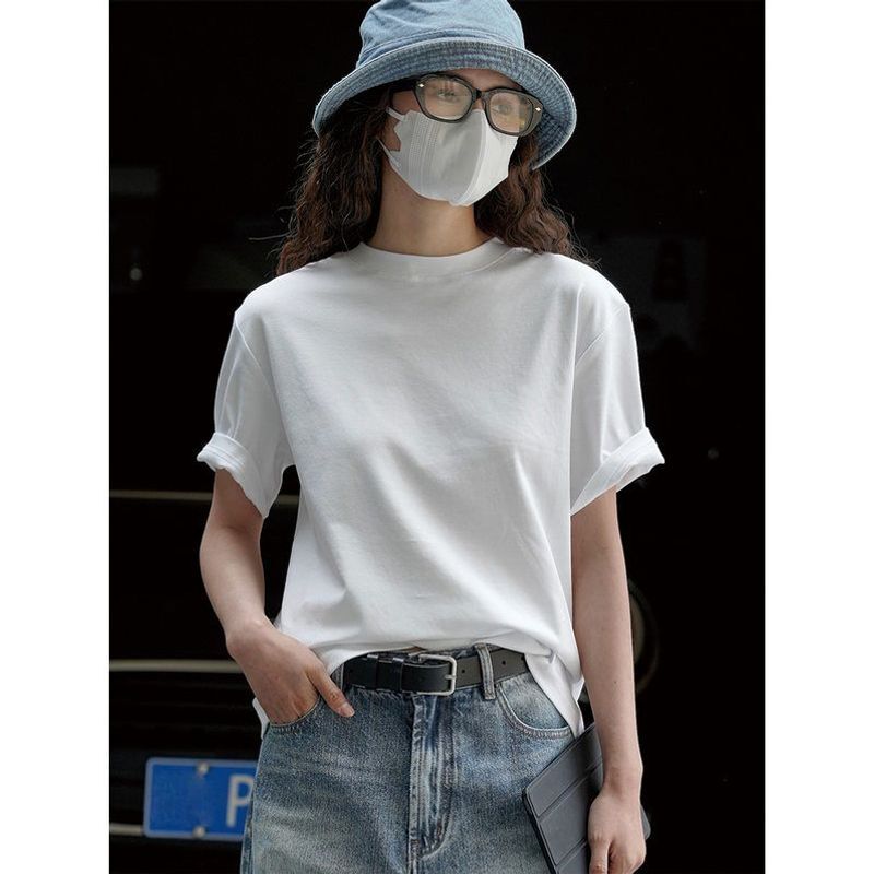 Maye Studio Summer Vintage Round Neck Short Sleeve T-Shirt Loose Slimming Comfortable Skin-Friendly Casual Top for Women Z1961