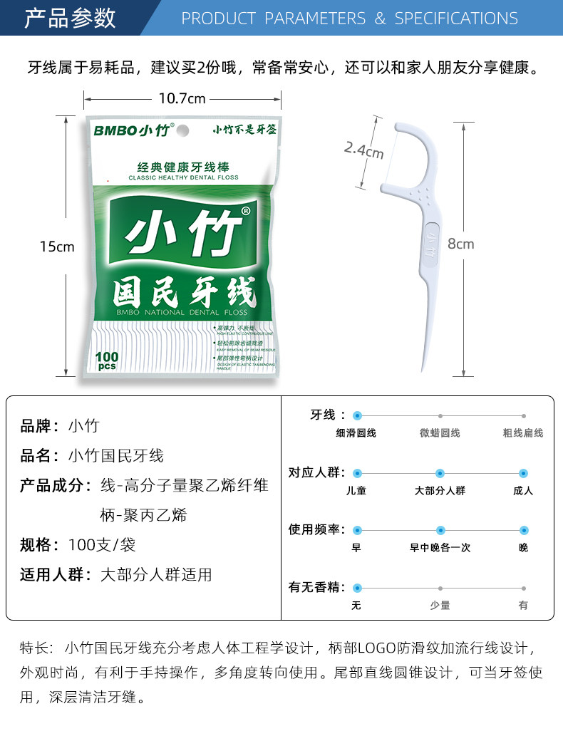 小竹 家用高弹力超细牙线 100支*3袋 图2