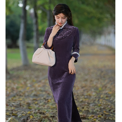 Сиреневое флисовое ретро ципао