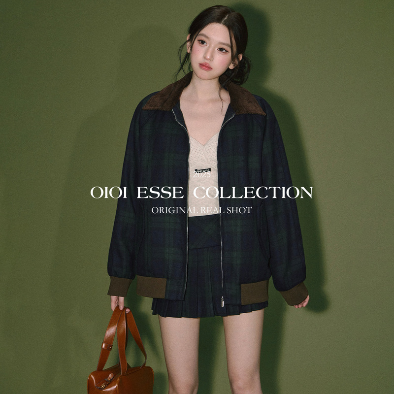 Oioi Esse|Retro Style Patchwork Collar Jacket Autumn and Winter Contrasting Plaid Quilted Jacket Short Skirt Suit Oioi Esse|Retro Style Patchwork Collar Jacket Autumn and Winter Contrasting Plaid Quilted Jacket Short Skirt Suit