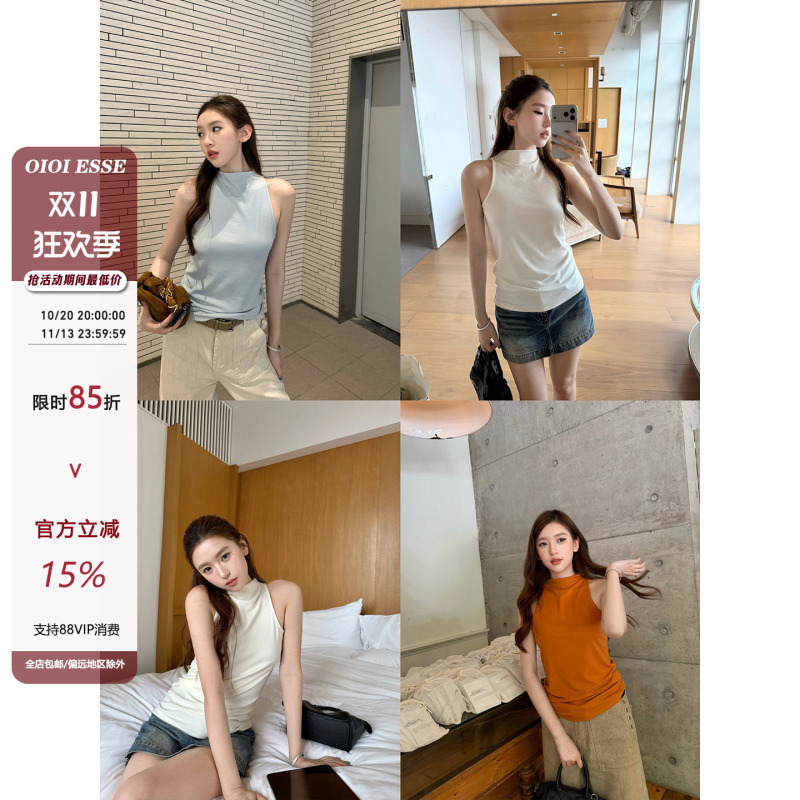 Oioi Esse|Fashionable Korean-Style Half-High Collar Sleeveless T-Shirt Vest for Women, Slim Fit, Stylish and Elegant Outerwear Top Oioi Esse|Fashionable Korean-Style Half-High Collar Sleeveless T-Shirt Vest for Women, Slim Fit, Stylish and Elegant Outerwear Top