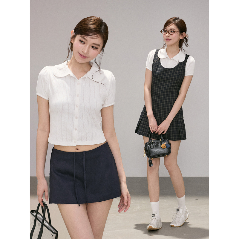 Oioi Esse｜100% Cotton Summer Doll Collar Short-Sleeved T-Shirt for Women with Peter Pan Collar and Short Patchwork Knit Top