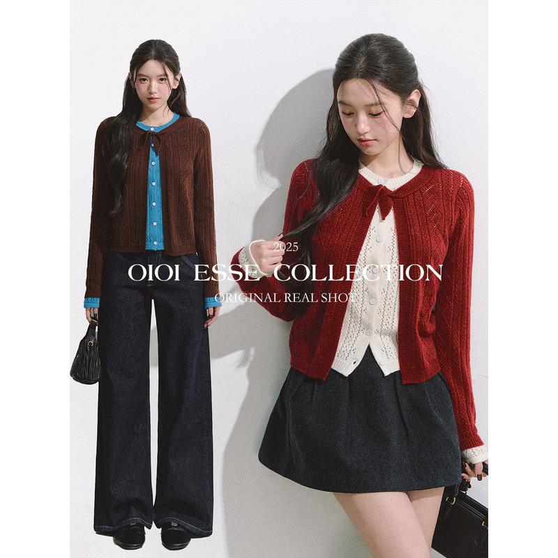 Oioi Esse|35% Wool Twisted Faux Two-Piece Color-Blocked Diamond Lattice Hollow Crochet Short Cardigan Jacket Oioi Esse|35% Wool Twisted Faux Two-Piece Color-Blocked Diamond Lattice Hollow Crochet Short Cardigan Jacket