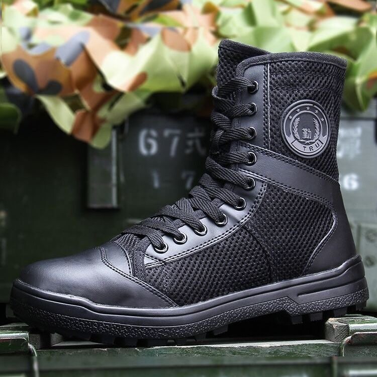 Summer breathable high cylinder for training boots Men's ultralight combat training boots Side laced black Canvas Boots Security Shoes Outdoor Black