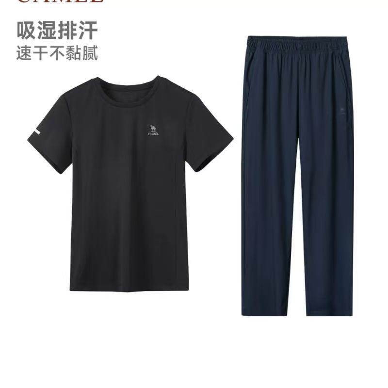 骆驼运动套装女夏季妈妈速干t恤短袖长裤户外网球羽毛球两件套男