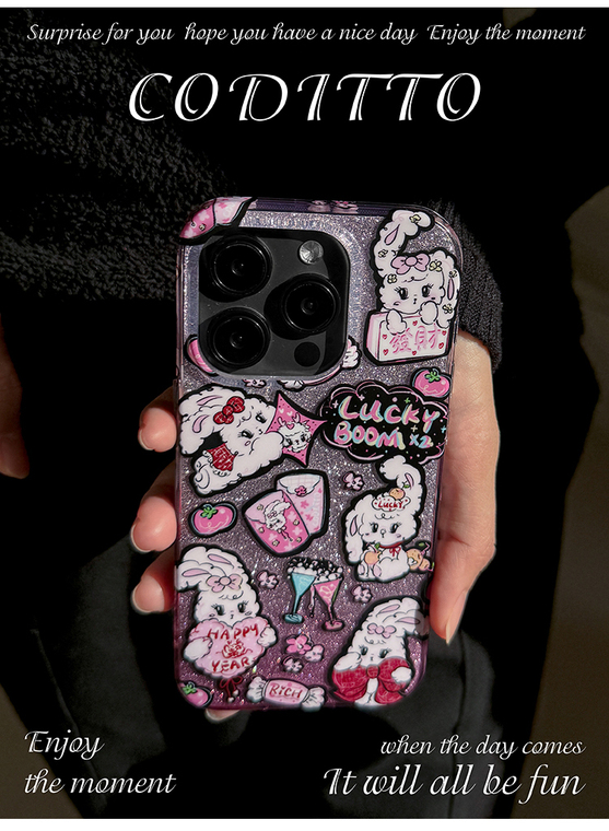 Cartoon Cute Bunny Sticker Collage Lucky Boom Happy Year Girls iPhone Case