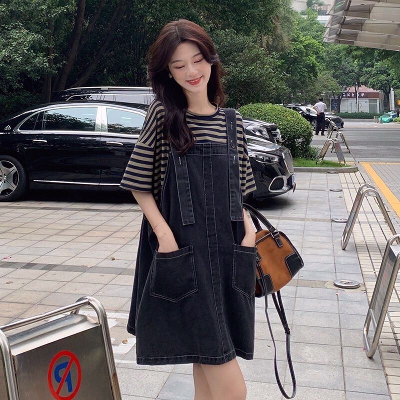Maternity Summer Denim Suspender Skirt Suit for Women 2025 New Loose Slimming Dress Plus Size Suit