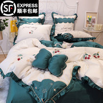 60 long-staple cotton four-piece set Princess style small fresh embroidery lace Cherry cotton quilt cover Cotton bedding