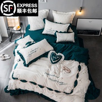 European simple four-piece set of cotton small fresh bedding American quilt cover embroidery pure cotton embroidered sheets 1 8m
