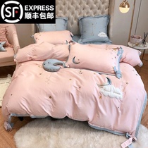 Small fresh 60 pure cotton pink four-piece set of stars and moon cotton princess style simple cotton bedding