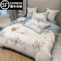 Bed four-piece set cotton pure cotton simple embroidery European style 60 plush Cotton bedding Sheet duvet cover Autumn and winter