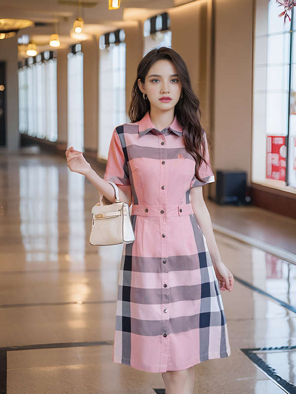 2025 Summer New Vintage Striped British Style Versatile Short-Sleeve Waist-Slimming Lapel Women's Mid-Length Dress