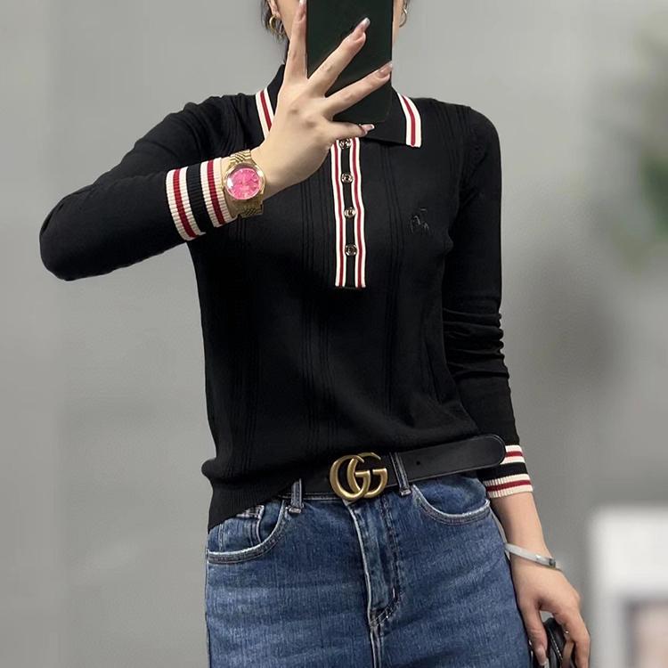 Design-Inspired Striped Solid Color British Style 2025 Autumn New Slim-Fit Versatile Women's Turn-Down Collar Long-Sleeve Knit Sweater