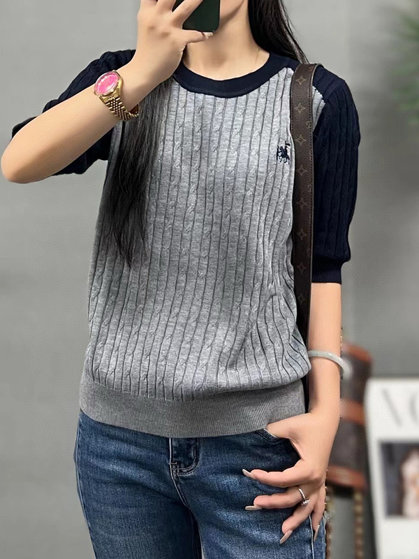 2025 Early Autumn New Mid-Sleeve Round-Neck Mercerized Wool Top British Style Niche Color-Blocking Fashionable Women's Knitwear