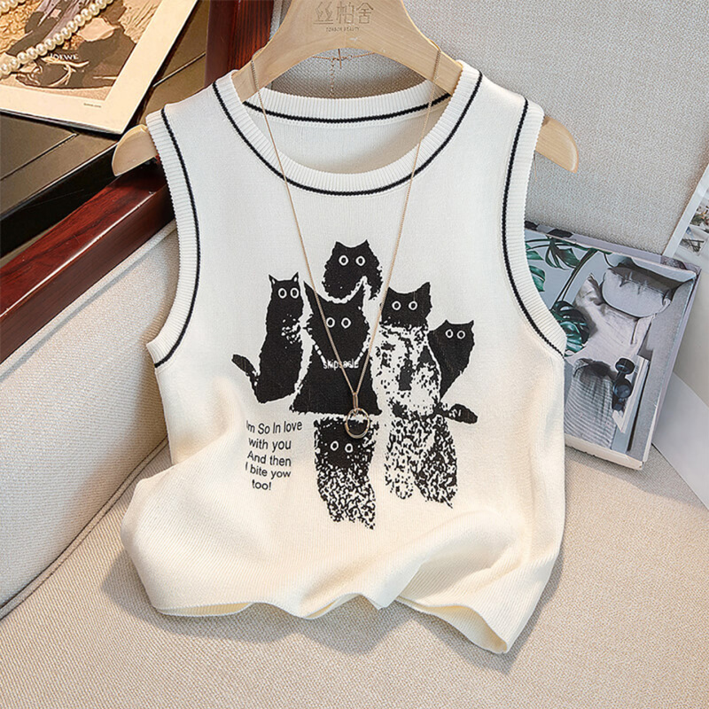 Cat Print Ice Silk Knitted Camisole for Women, New Summer Style, Can Be Worn Outside or as an Inner Layer, Sleeveless T-Shirt Top