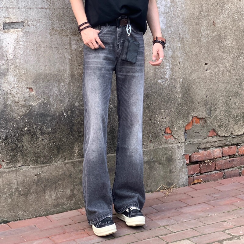 Clear Mist Retro Washed Gray Corrugated Whisker Jeans Vintage Loose Straight Leg Slightly Flared Pants for Men