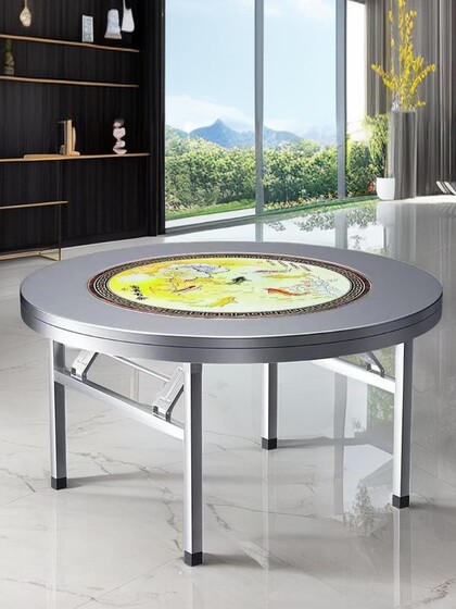 不锈钢转盘圆桌子内置彩图可折叠家用餐桌饭桌商用酒席圆台免安装