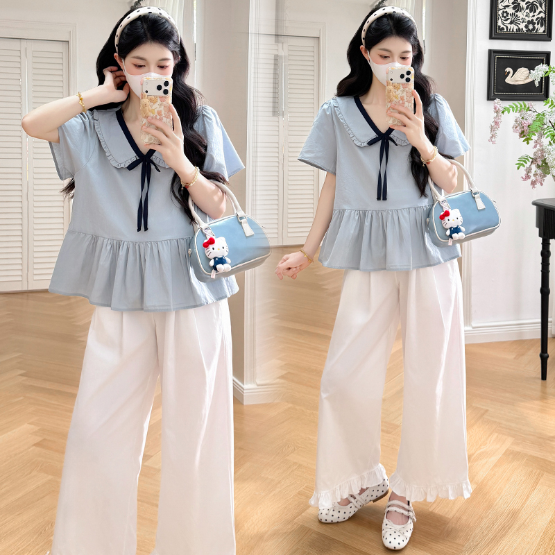 Maternity Tops, Summer Wear, Korean Style Loose-Fitting Belly-Covering Collared Short-Sleeved Babydoll Shirts, Stylish Pants Suits That Don'T Show Pregnancy