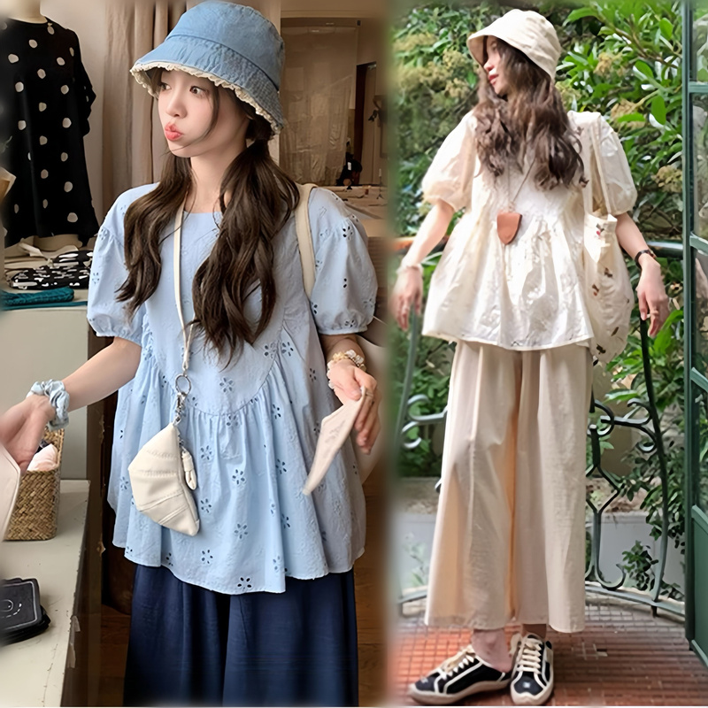 Maternity Belly-Covering Tops, Summer Korean-Style Short-Sleeved T-Shirts, Babydoll Shirts, Summer Pants Suits, Women's Maternity Wear