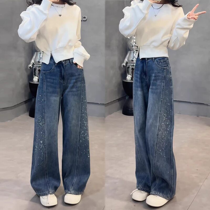 Curved Hem Vintage Blue Rhinestone Wide-Leg Jeans for Women, New Spring/Summer Plus Size, High-Waisted, Slimming, Drapey Straight-Leg Pants