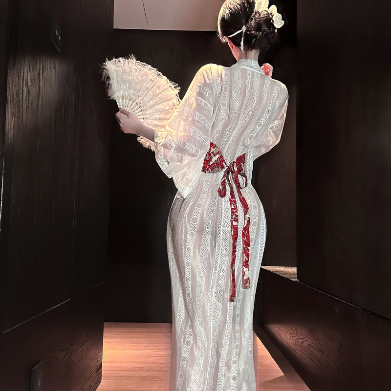 Plus-Size Pure Desire Style Japanese Retro Kimono Semi-Transparent Sexy Yukata Set Cat Girl Cosplay Outfit Nightdress for Women