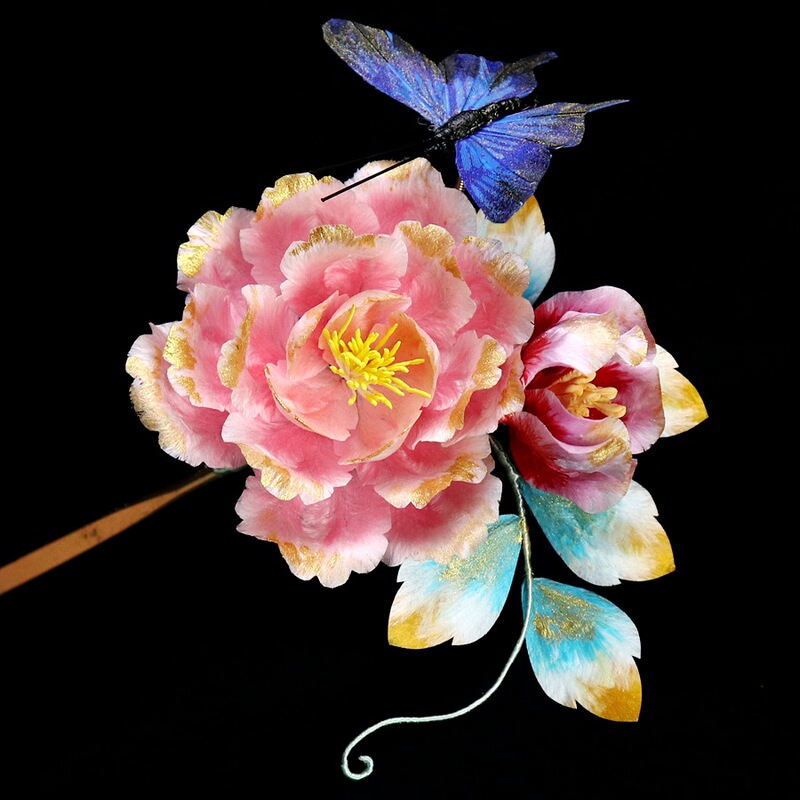 Original Handmade Intangible Velvet Flower Silk Peony Flower Peach Blossom Hairpin Ancient Style Han Dynasty Cheongsam Retro Bridal Headwear